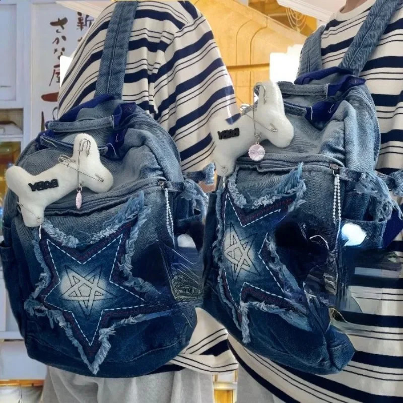 Fashion Five Star Canvas Backpacks Women Trendy Y2K School Bag Men Gradient Denim Blue Rucksack Bolsa Mujer 240806