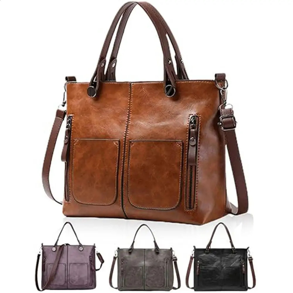 Ladies Vintage Leather Shoulder Bag Large Purses Work Bags with MultiPocket Tote Crossbody Handbags for Women 240810Z