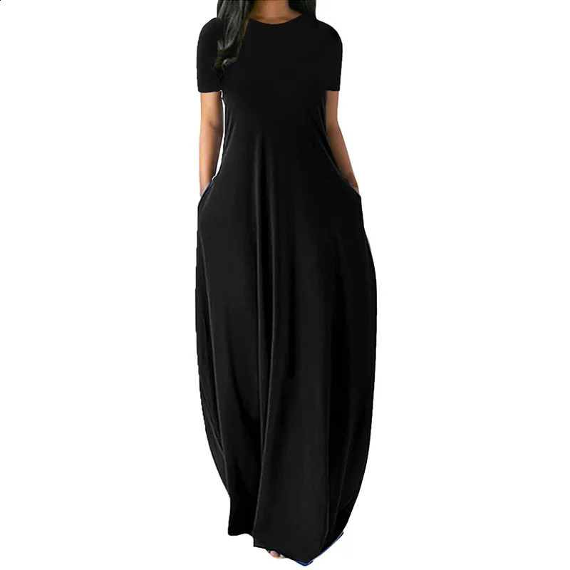Women Oversize Casual Solid O-Neck Pockets Long Dress Summer Dress Female Plus Size Short Sleeve High Waist Maxi Dresses 240810