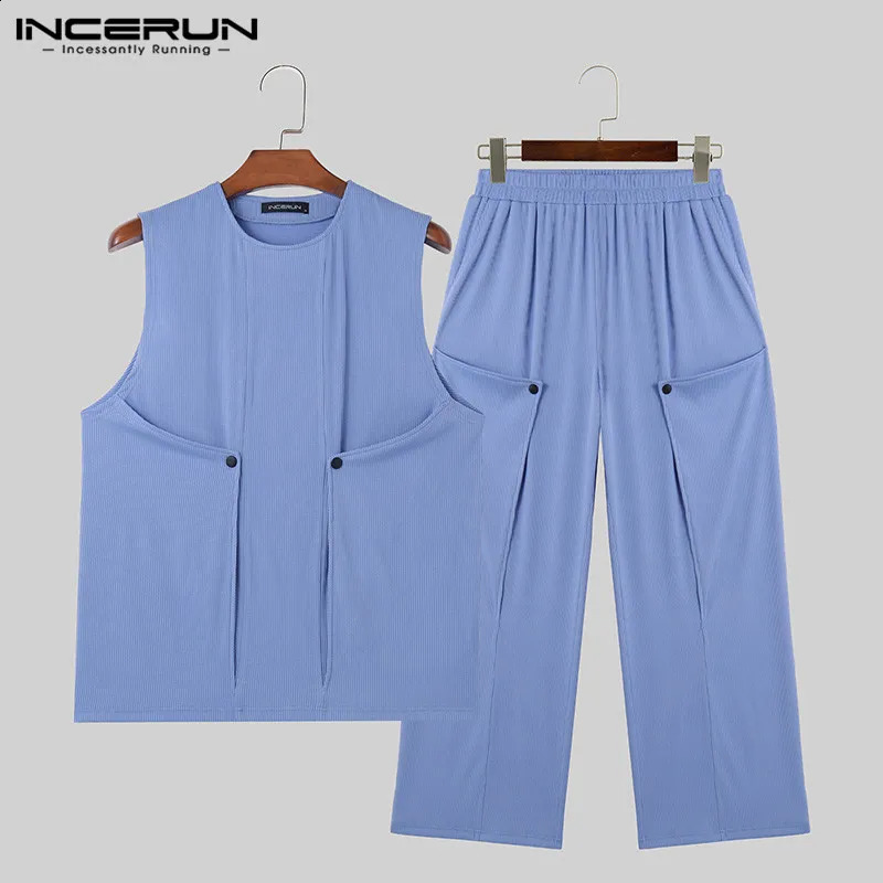 INCERUN American Fashion Mens Set Knitted Pit Strip ONeck Tank Top Casual Comfort Two Piece S2XL 240816