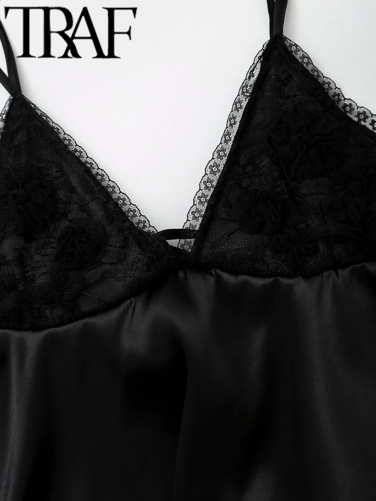 TRAF Ultra Thin Lace Patchwork Women Satin Camis Summer V Neck Sleeveless Backless A-Line Female Crop Top Y2K 240810