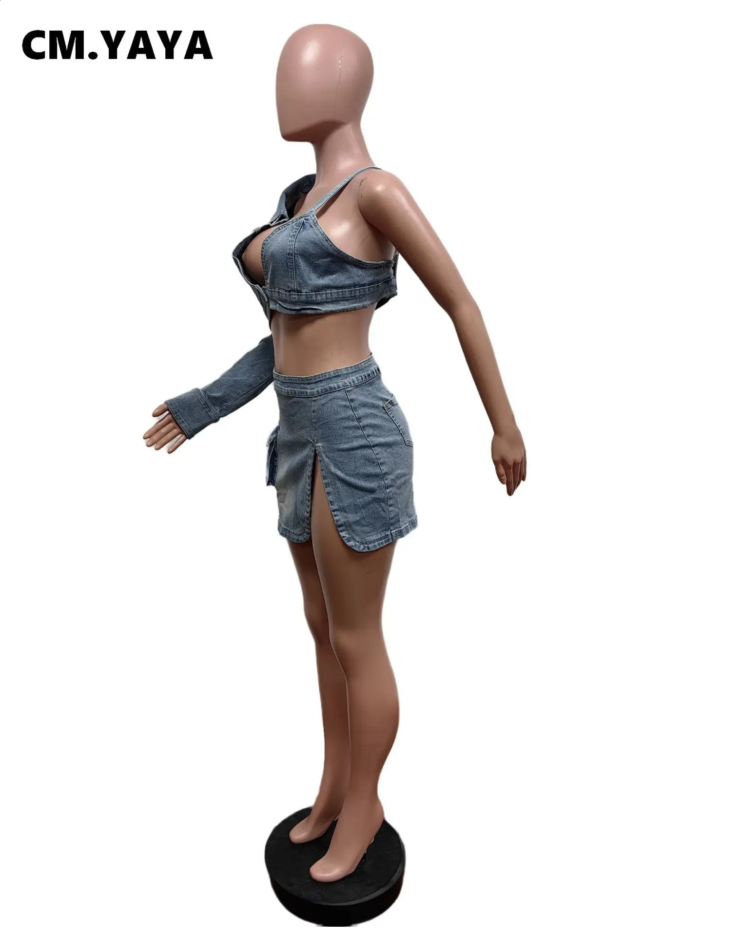 CM YAYA Fashion Denim Womens Long Sleeve Crop Jacket and Side Split Jeans Midi Skirt Chic Two 2piece Set 240810