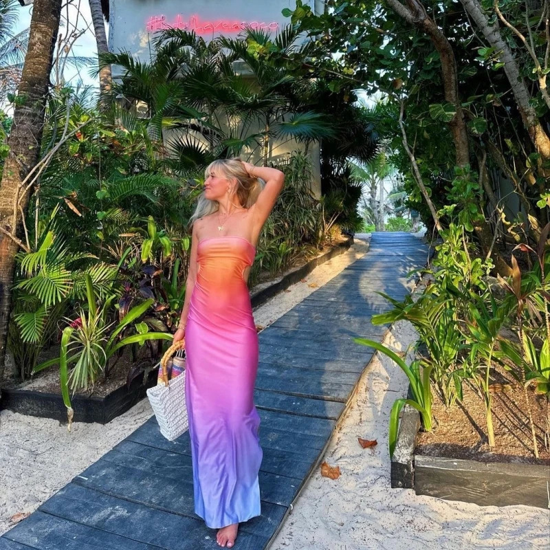 Summer Gradient Print Sexy Backless Strapless Dress Women Chest Wrapping Ankle-Length Dresses Fashion Beach Midriff Vestidos 240810