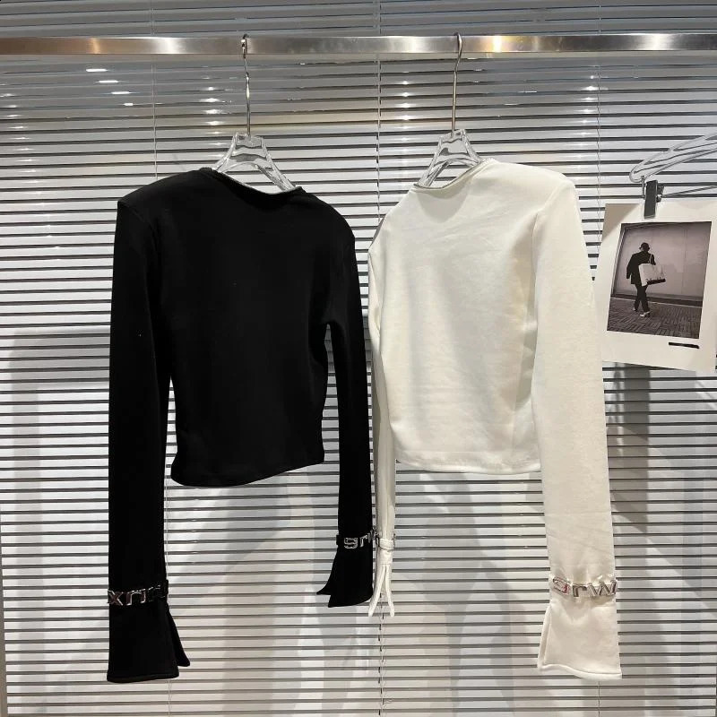 PREPOMP Autumn Arrival Long Sleeve Zipper Vneck Letter Bandage Tshirt for Women GG815 240810