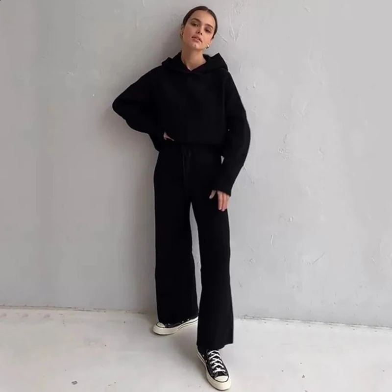 Knitted Sweat Suits Women Matching Tracksuit Sets Hoodies And Wide Leg Pants Loungewear Sweater Set Two Piece Outfits 240822