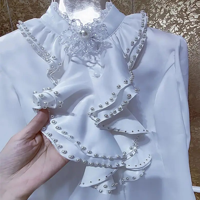 Camisas De Mujer Womens Beaded Ruffle Shirt and Spring Long Sleeve Single Chest White Top Blue 240810 - view 4