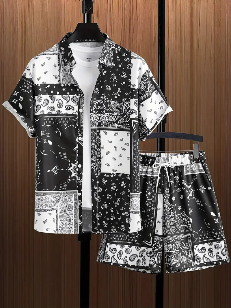 Shirt Set Mens Summer Patchwork Color Block Paisley Pattern 3D Printed And Shorts Retro Ethnic Style Hawaiian 240810