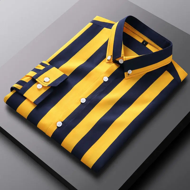 Summer Youth Professional Business Slim Fit Wide Stripe Office Long Sleeve Round Neck Splicing Button Mens Shirt240810