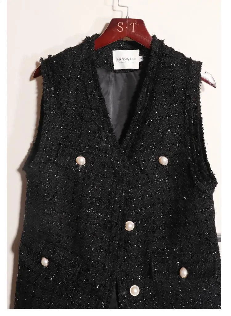 Womens Spring Autumn Loose Casual Waistcoat Female Sequined Tweed Vest Coats Ladies V-neck Sleeveless Jackets W748 240810