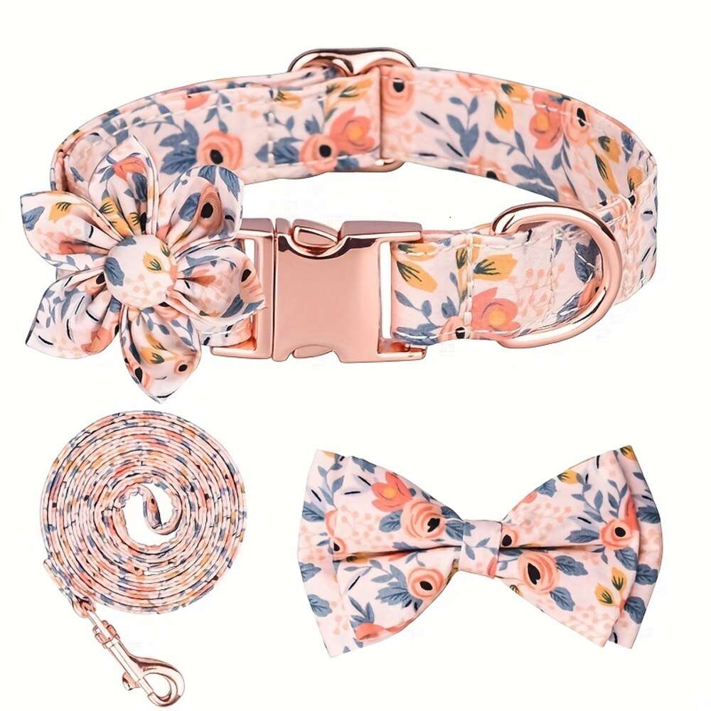 4pcs Leash Set With Bow Tie And wer Decor, ral Pattern Adjustable Collar Dog Traction Rope