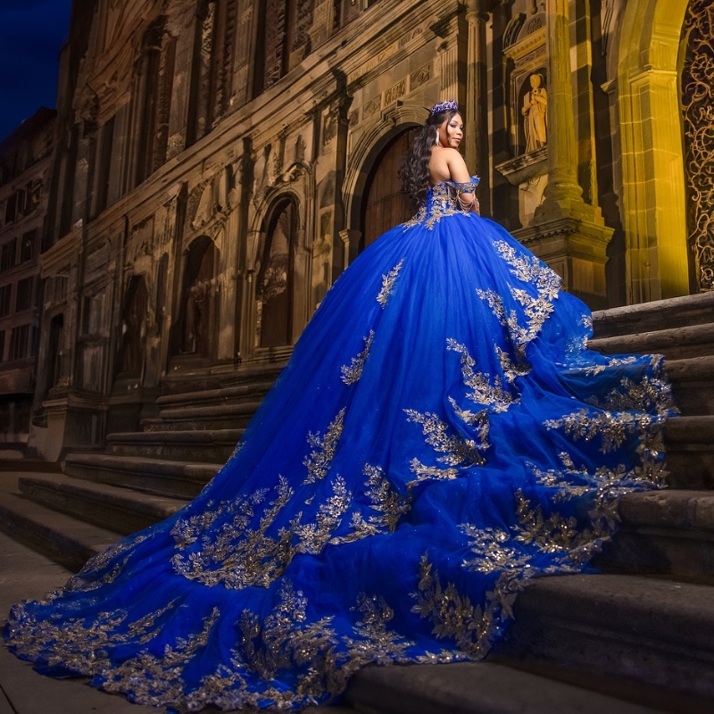 Blue Shiny Quinceanera Dress Ball Gown Off The Shoulder Applique Lace Beading Crystal Tull Sweet 16 Vestidos De 15 Anos