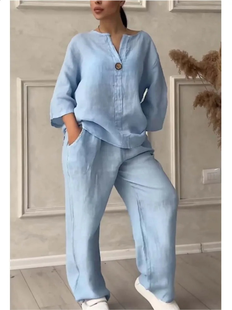 Spring Autumn Fashion Cotton And Linen Solid Two Piece Set Women Causal Loose Vneck Top Wide Leg Pants 2 Sets Woman y240815