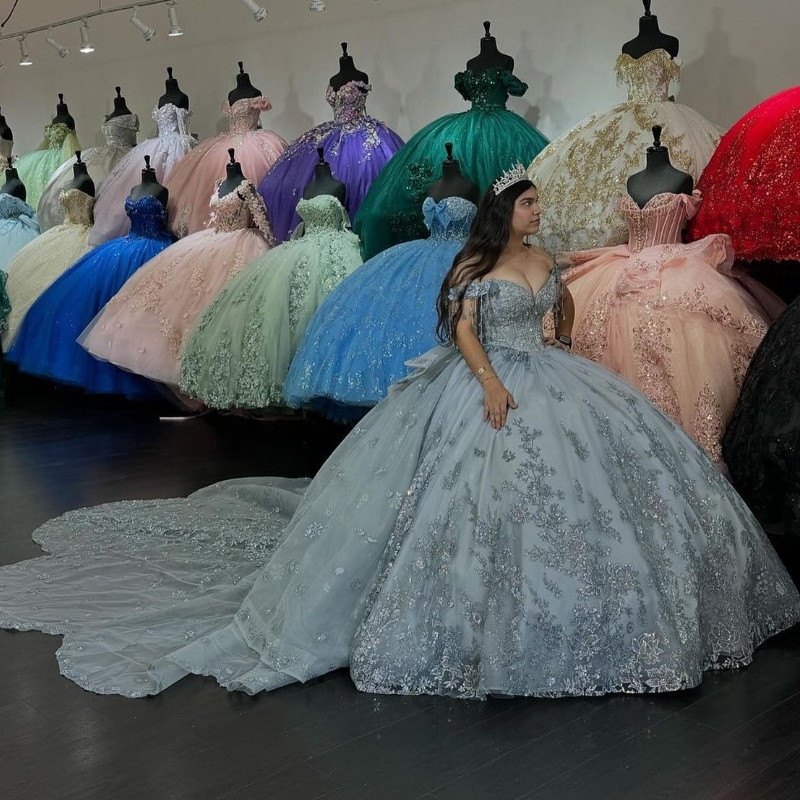Sexy Off Shoulder Quinceanera Dress Lace Applique Beads Crystal Tull Birthday Party Sweet 16 Princess Ball Gowns Vestidos De 15 Anos