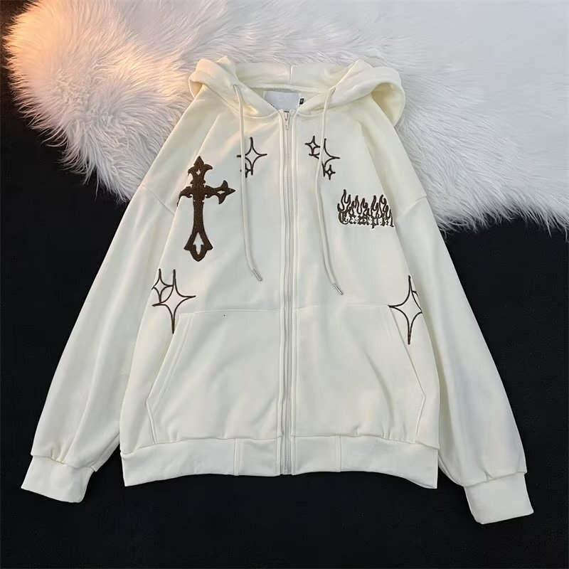 Loose casual hooded zipper hoodie men's embroidered cross fiery jacket for spring and autumn couples versatile trendy top