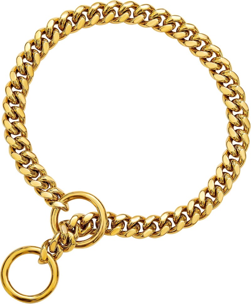 18K Gold Chain Dog Collar 10MM Cuban Link Chain Stainless Steel Metal Links Walking Training Collar 10in to 32in