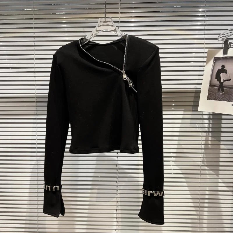 PREPOMP Autumn Arrival Long Sleeve Zipper Vneck Letter Bandage Tshirt for Women GG815 240810