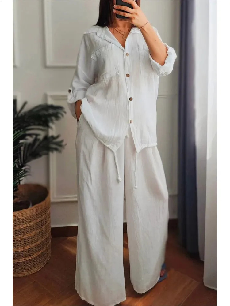 Autumn fashion cotton and linen rope twopiece set for women collar long sleeved brushed shirt wide leg pants casual