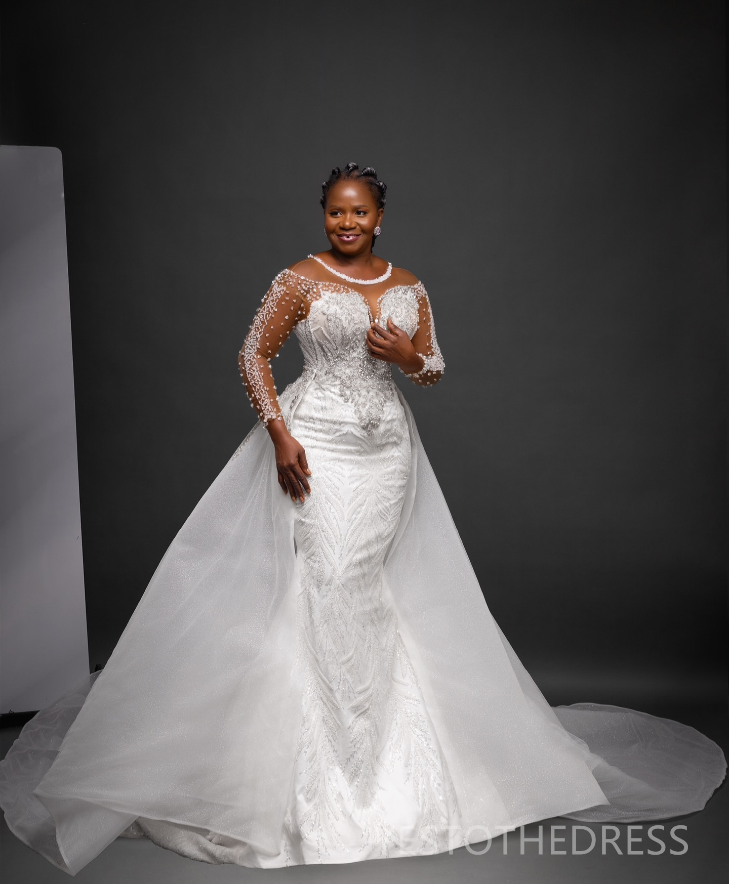 Gorgeous Aso Ebi Wedding Dress for Bride Illusion Trumpet Bridal Dresses Mermaid Long Sleeves Lace Beaded Marriage Gowns with Detachable Train for Bla