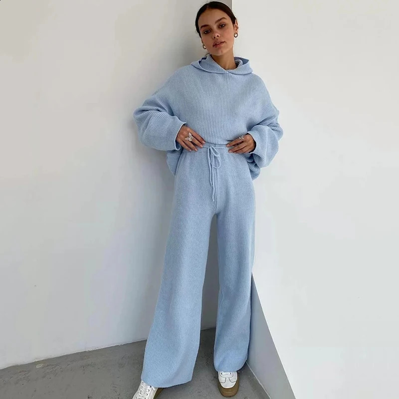 Knitted Sweat Suits Women Matching Tracksuit Sets Hoodies And Wide Leg Pants Loungewear Sweater Set Two Piece Outfits 240822
