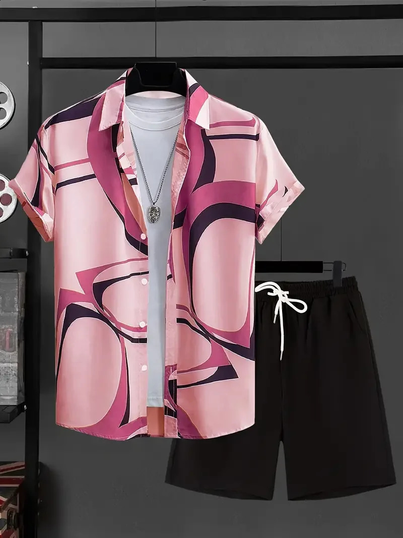Mens Stylish Hawaiian Shirt Set Simple Allinone 3D Printed Buttondown And Beach Shorts Street Wear Oversize 240810