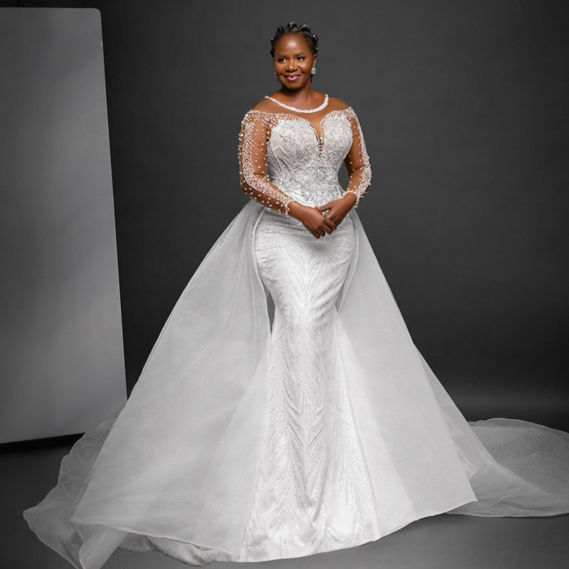 Gorgeous Aso Ebi Wedding Dress for Bride Illusion Trumpet Bridal Dresses Mermaid Long Sleeves Lace Beaded Marriage Gowns with Detachable Train for Bla