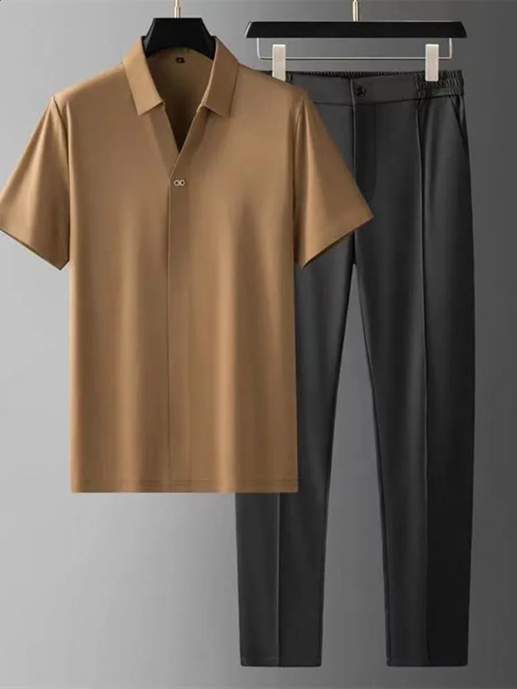 Summer Solid Color Silk Short Sleeve Shirt Set for Mens Casual Relaxing Comfortable Breathable Two Piece 240810