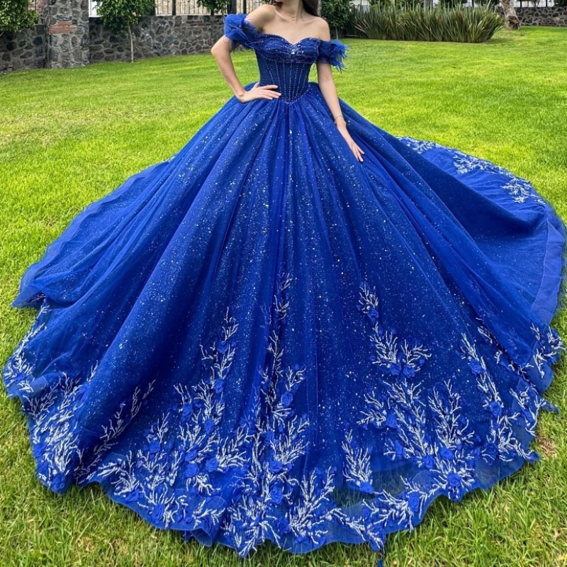 Sparkly Royal Blue Quinceanera Dress Ball Gown Off The Shoulder Lace Applique Beaded Tull Corset Mexican Sweet 16 Vestidos De 15 Anos