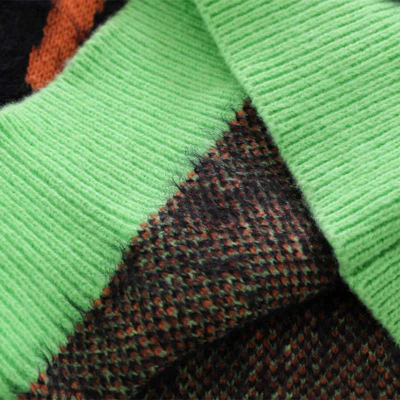 Harajuku Retro Green Orange Knitted Sweater Mens Street Oversized Crossover Pulling Thick Sweater Grandpa Ugly Sweater Womens240810