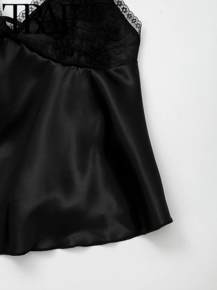 TRAF Ultra Thin Lace Patchwork Women Satin Camis Summer V Neck Sleeveless Backless A-Line Female Crop Top Y2K 240810