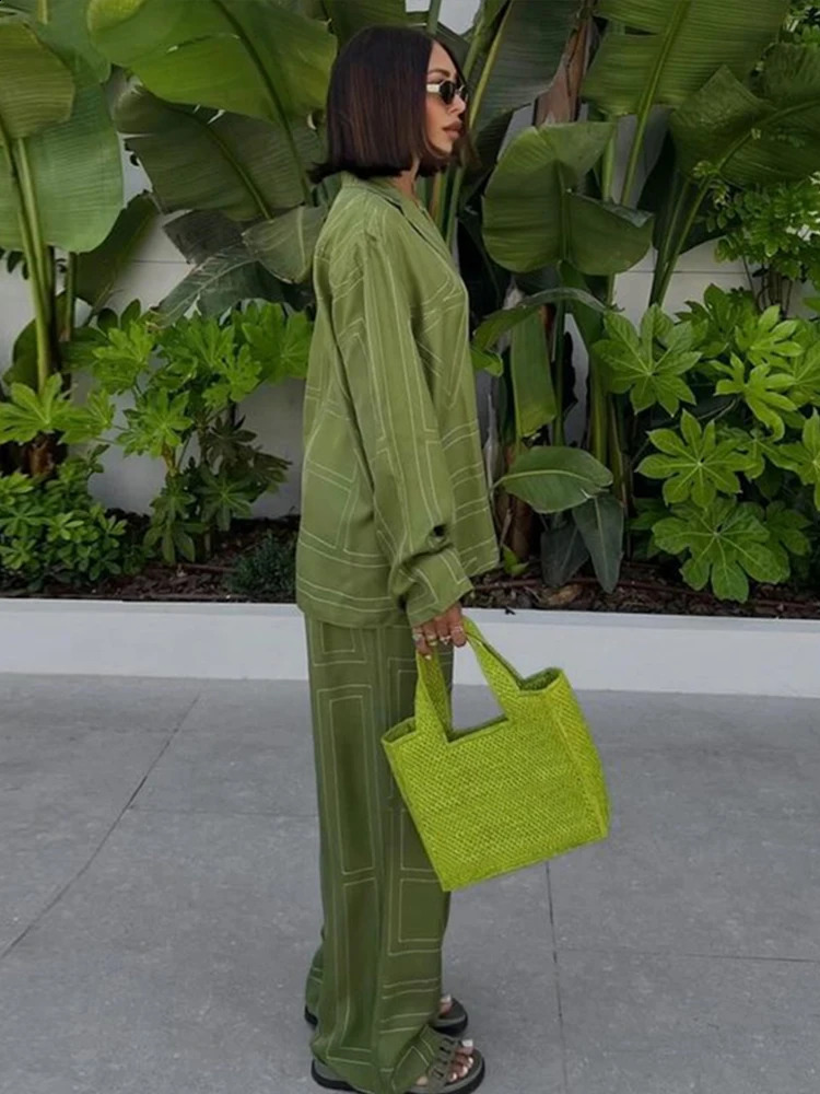 Loose Geometry Shirt Pants Set Women Lapel Long Sleeve Single Breasted Tops Wide Leg Pockets Trousers 2024 Casual Two Piece y240815