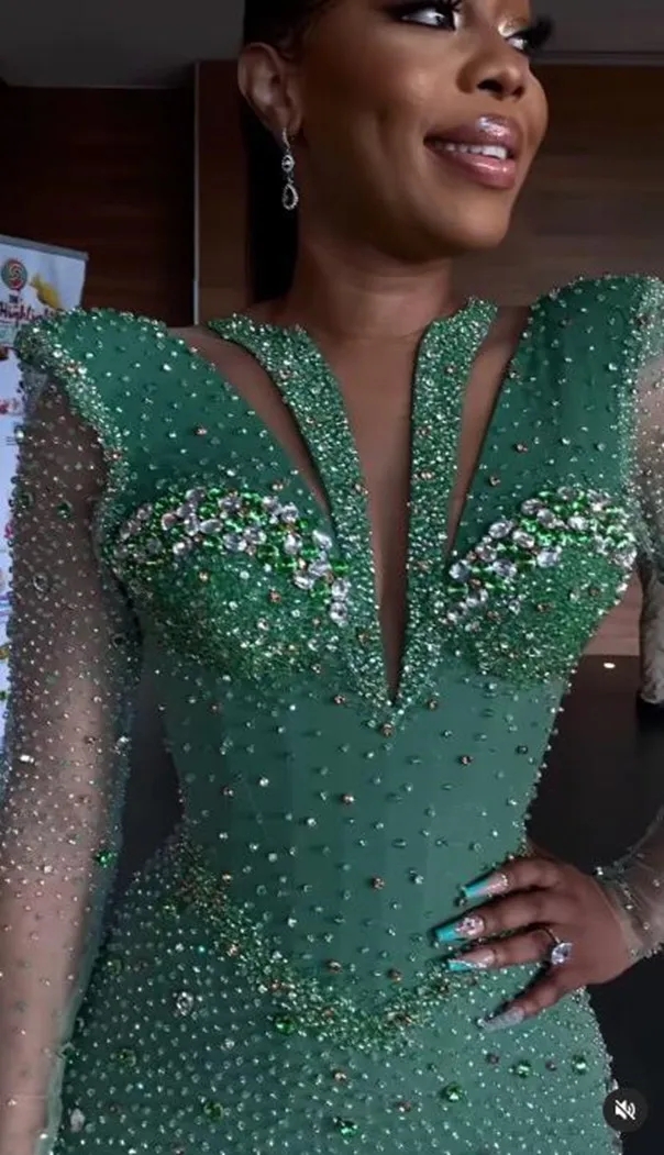 Green Aso Ebi Mermaid Long Sleeves Beaded Arabic Prom Dresses Formal Party Second Reception Birthday Engagement Evening Gowns Dresses Robe De Soiree