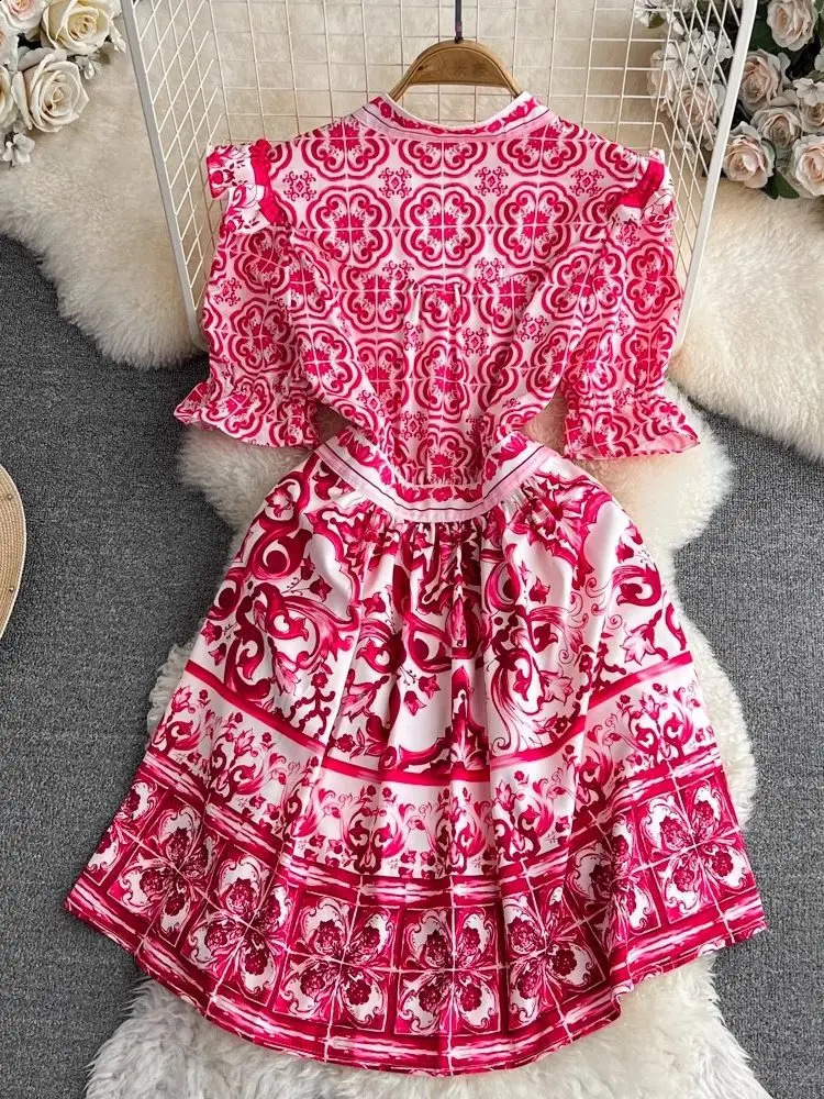 Summer runway red blue and white porcelain dress for women V-neck plaid sleeves ruffled button print beach mini vest240810
