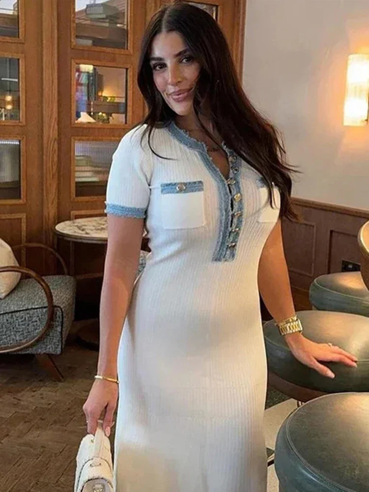 Fashion Elegant Knit Denim Patchwork Long Dress Women O Neck Short Sleeve Buttons Pockets Dresses Summer Fashion Vestidos 240810