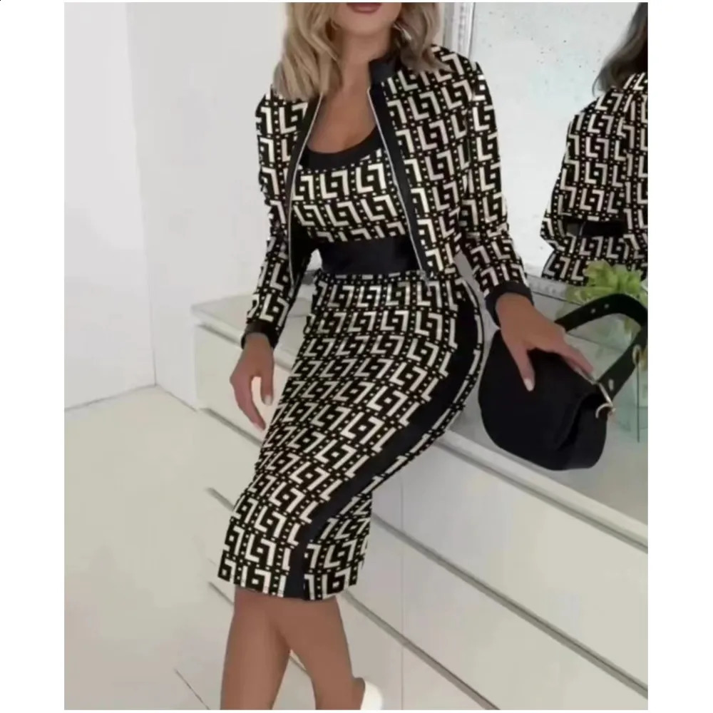 Office Ladies Elegant 3-Piece Jacket T-shirt and Pencil Skirt Set Fashion Hound Stone Printed Womens Wedding Party Set240810
