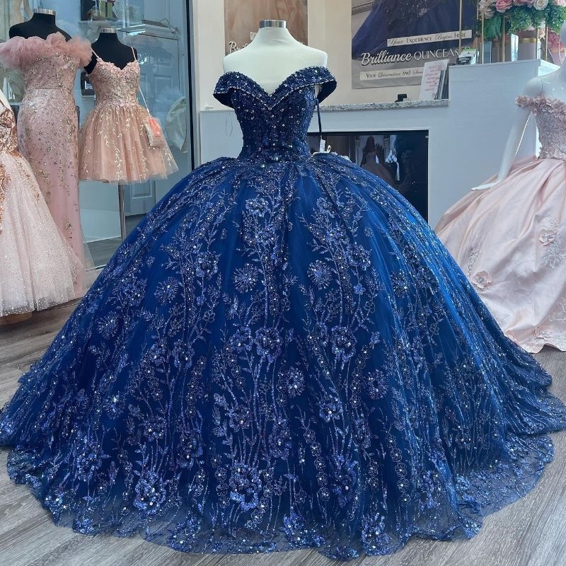 Navy Blue Sparkly Quinceanera Dresses Party Beading Crystal Lace Tull Sweet 16 Dress Graduation Ball Gwon Vestidos 15 De
