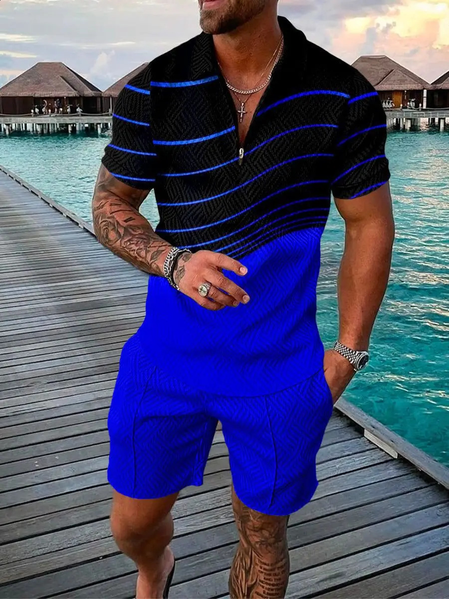 Hawaii Tracksuit 2pcs sets 3D print Zipper Polo Shirt Short Sleeve Shirt and Shorts Casual Fashion Zip-Up Man 2PCS clothing 250409