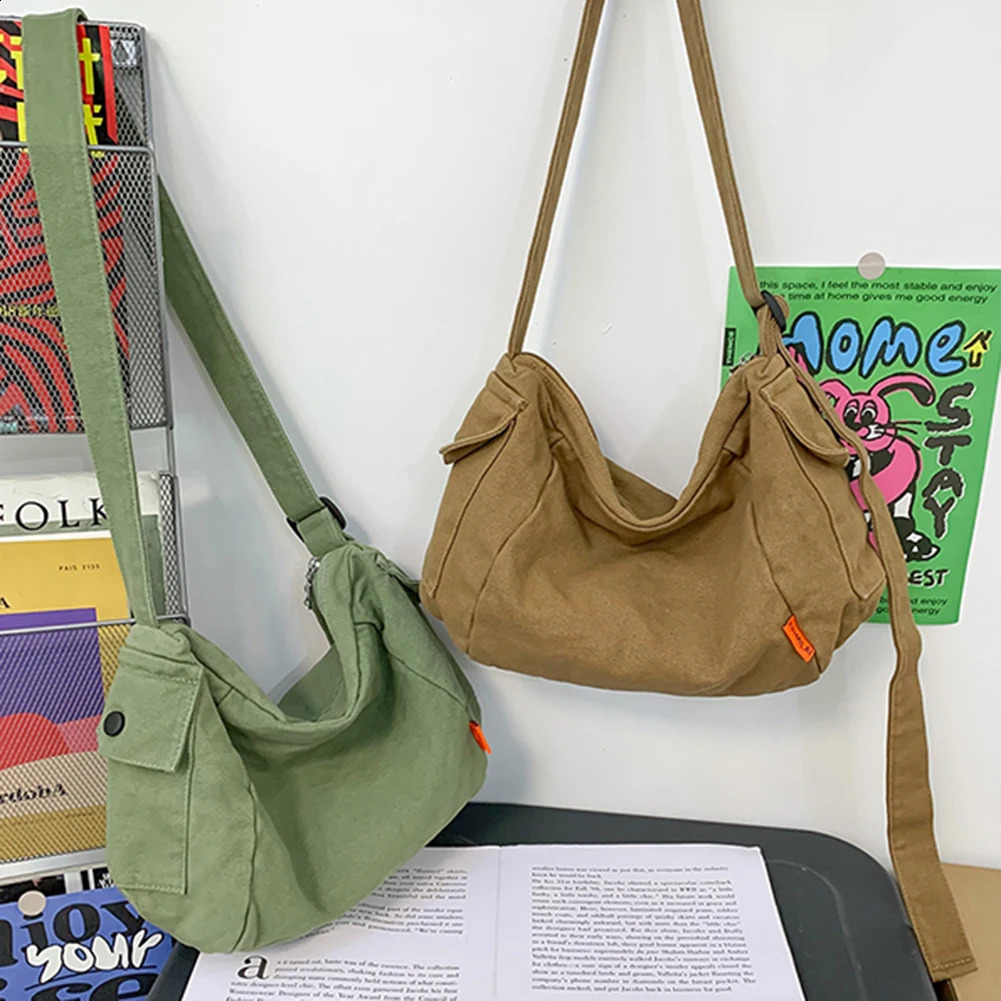 Female Canvas Fabric Hobo Soft Slouchy Shoulder Bag Y2K Student Leisure Medium Size School Book Laptop Pouch Messenger Side y240816