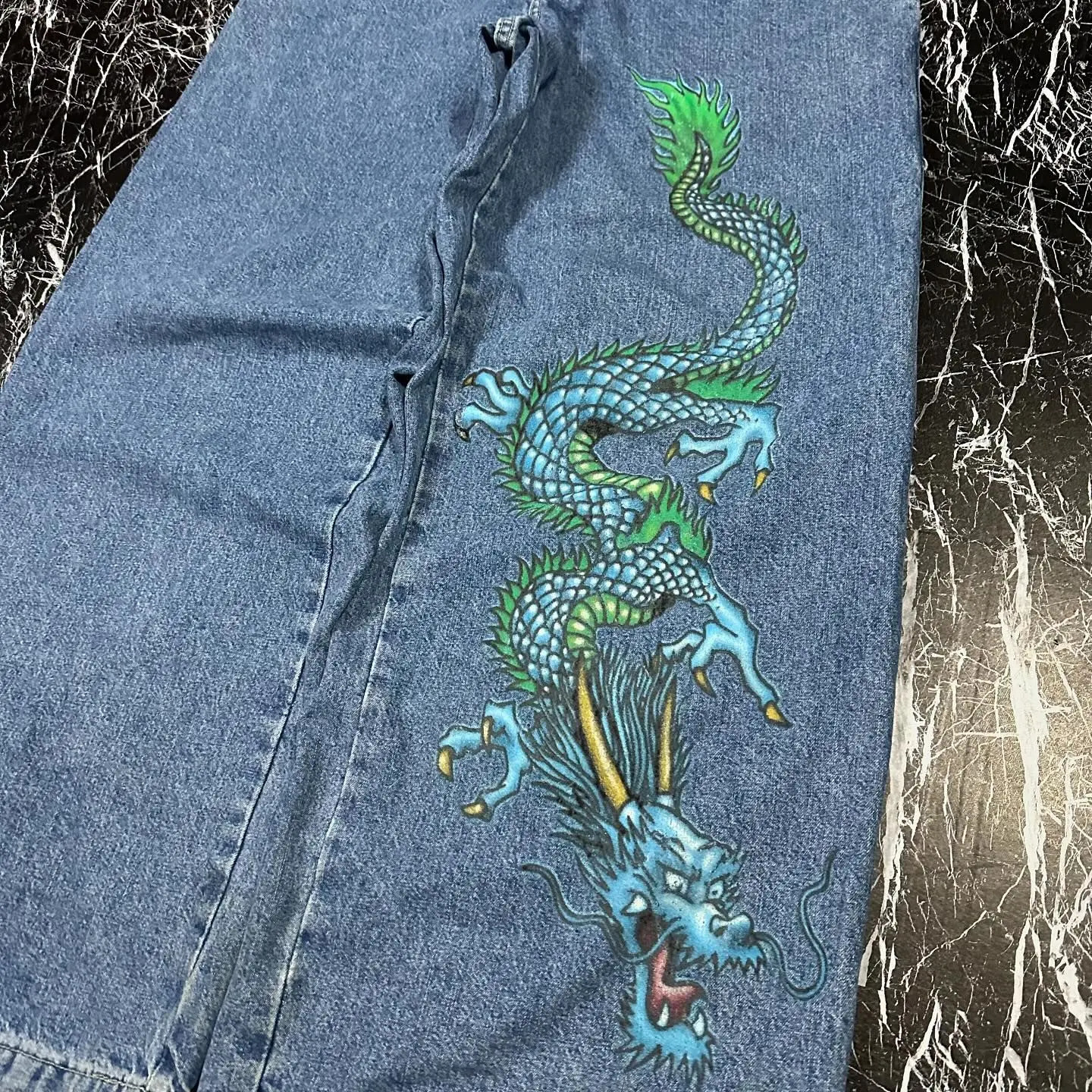 Retro Hip-Hop Dragon JNCO Light Blue Loose Jeans Womens Y2K Harajuku Gothic High Waist Wide Pants for Street Wear in 1990s 240809