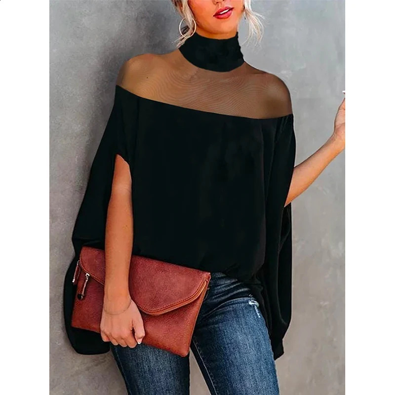 Krisnanas Fashion Womens Batwing Sleeves See Through Casual High Collar Shirt Top 240810