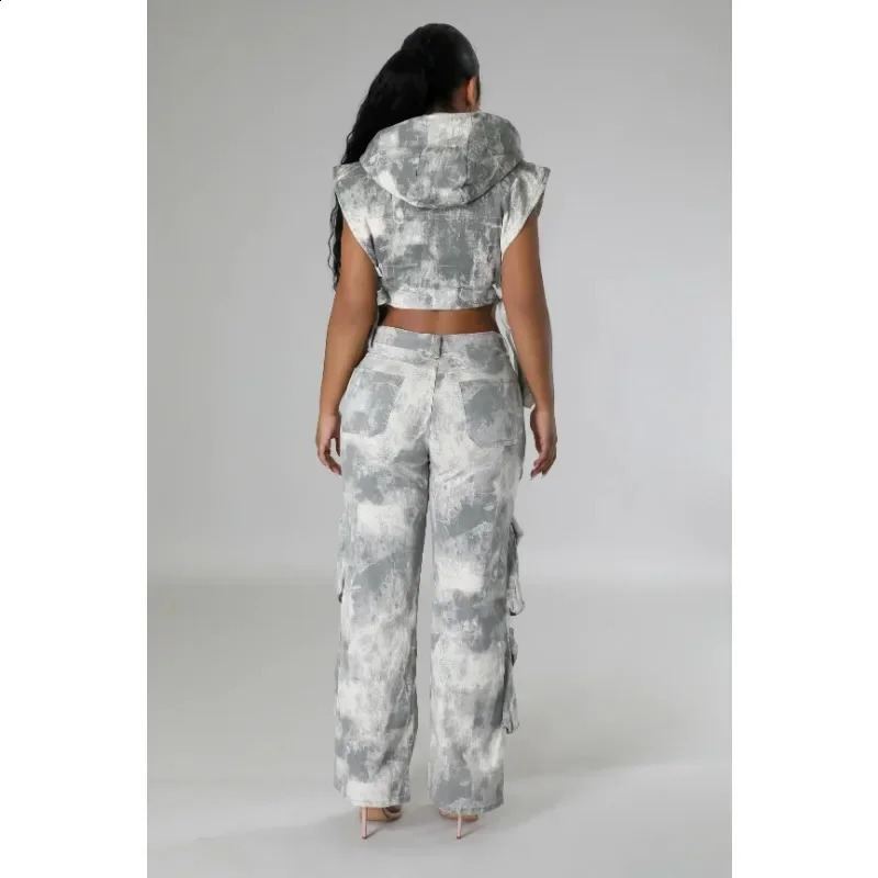 Womens Denim 2-Piece Streetwear Sleeveless Zip Crop Top Cargo Pants