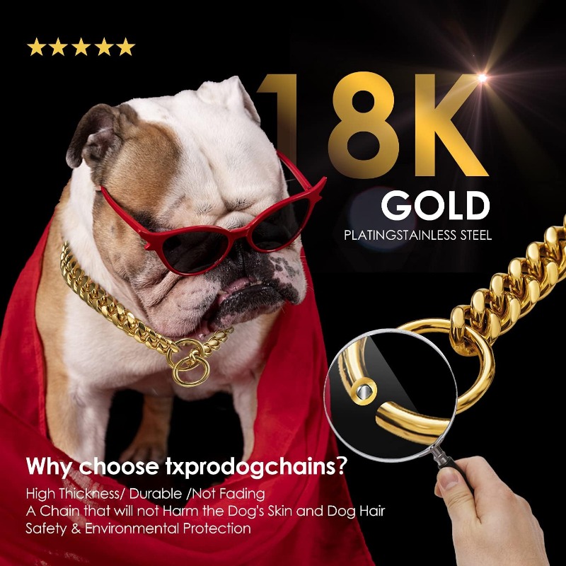 18K Gold Chain Dog Collar 10MM Cuban Link Chain Stainless Steel Metal Links Walking Training Collar 10in to 32in