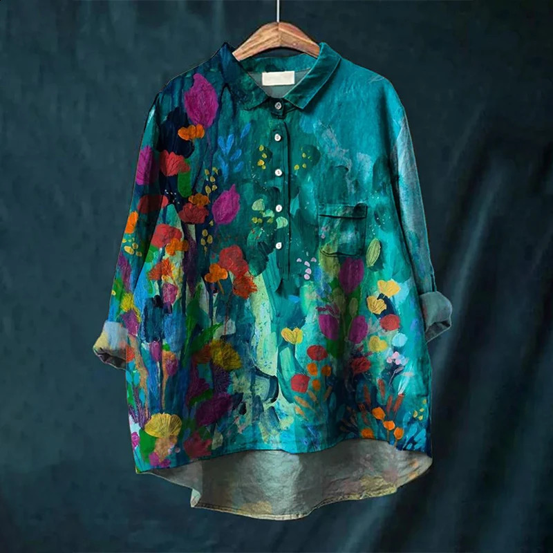 Summer Womens Casual Retro Animal Pattern Long Sleeve Pocket Shirt Hawaiian Style Printed Vneck Top 240810