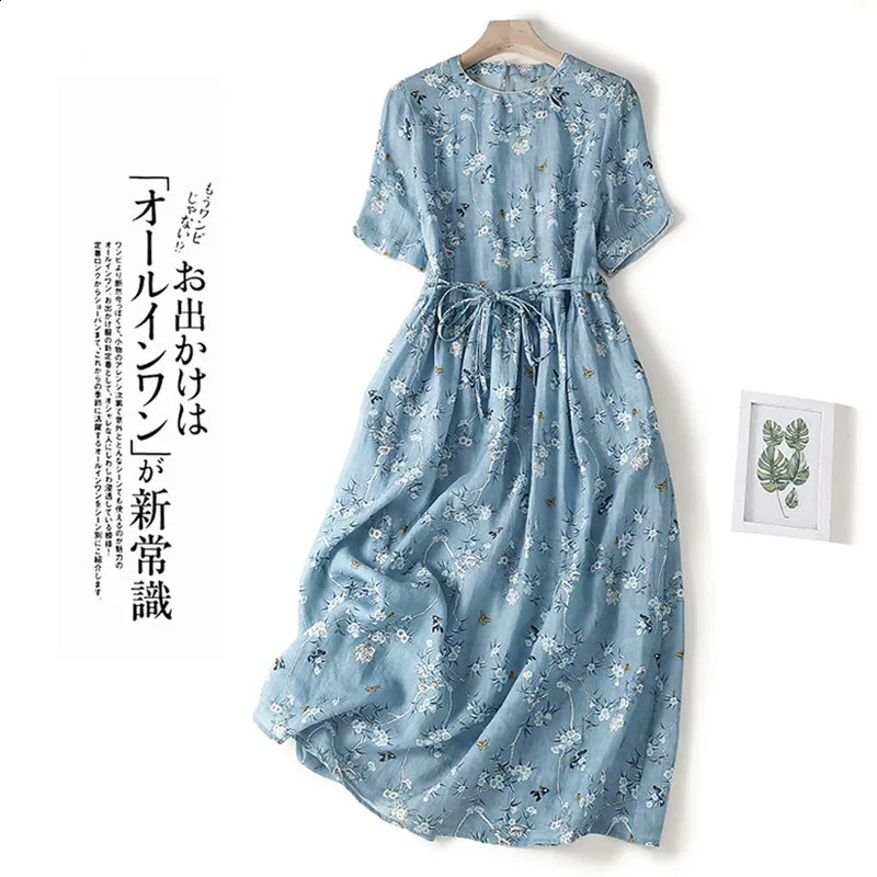 Thin Soft Cotton Print Floral Loose Cozy Vintage Summer Dress Belt Slim Office Lady Work Dress Women Casual Midi Dress 240810