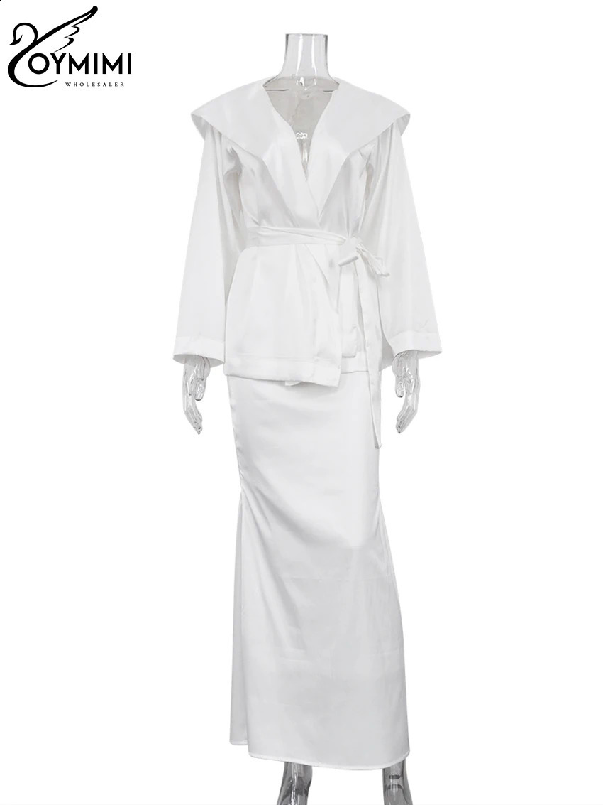 Oymimi Fashion White Satin 2piece Womens Elegant Hooded Collar Long Sleeve Lace TopUltra Thin Straight Skirt Set 240810