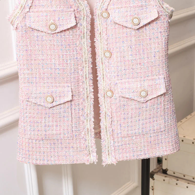 Spring Autumn Versatile V-Neck Pink Fragrant Vest French Tweed Waistcoat Coat 240810