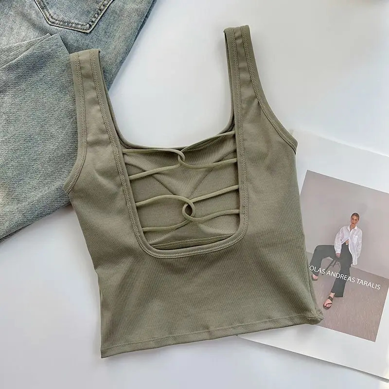 Casual Sleeveless Crop Top with Pad Summer Women Backless Bra Corset Top Fashion Square Neck Solid Color Elegant Fashion Tank 240810