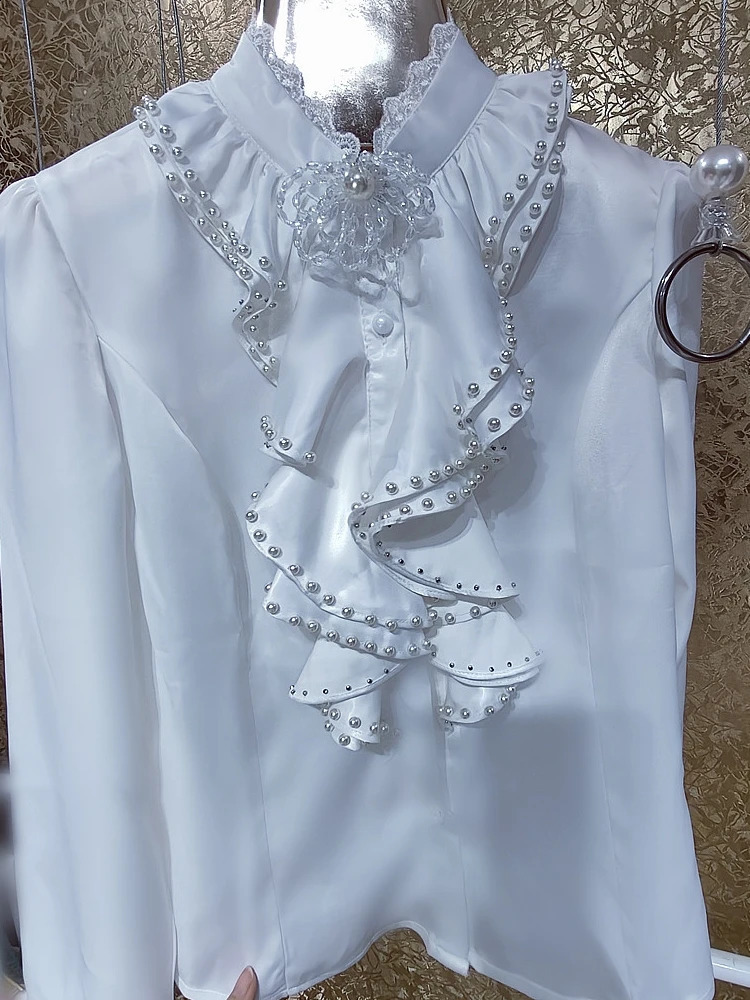 Camisas De Mujer Womens Beaded Ruffle Shirt and Spring Long Sleeve Single Chest White Top Blue 240810 - view 5