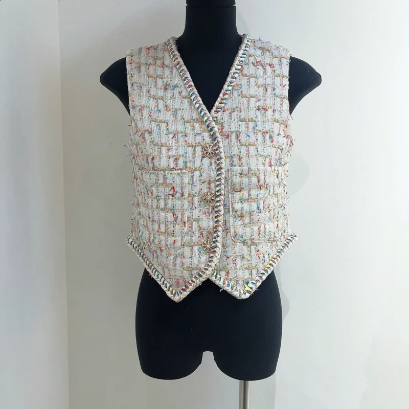 French V-neck Small Fragrant Vest Womens Summer Vintage Wind Casual Simple Korean High Quality Chic Tweed Vest Short Lady Coat 240810