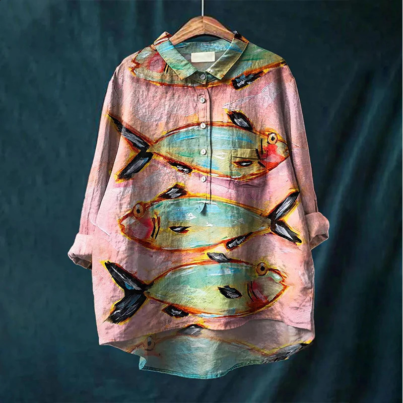 Summer Womens Casual Retro Animal Pattern Long Sleeve Pocket Shirt Hawaiian Style Printed Vneck Top 240810