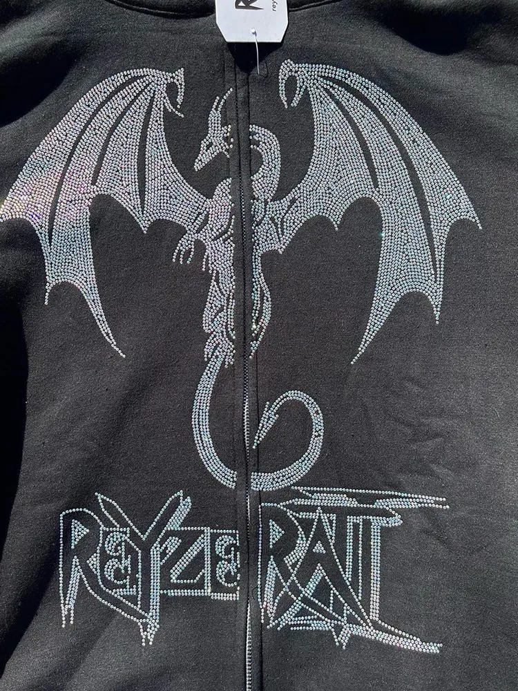 Mens Y2K Style Clothes Fashion Retro Street Zip Hoodie Fire Dragon Rhinestone Pattern Unisex Sports Fancy Shoulder Sleeve Top 240810